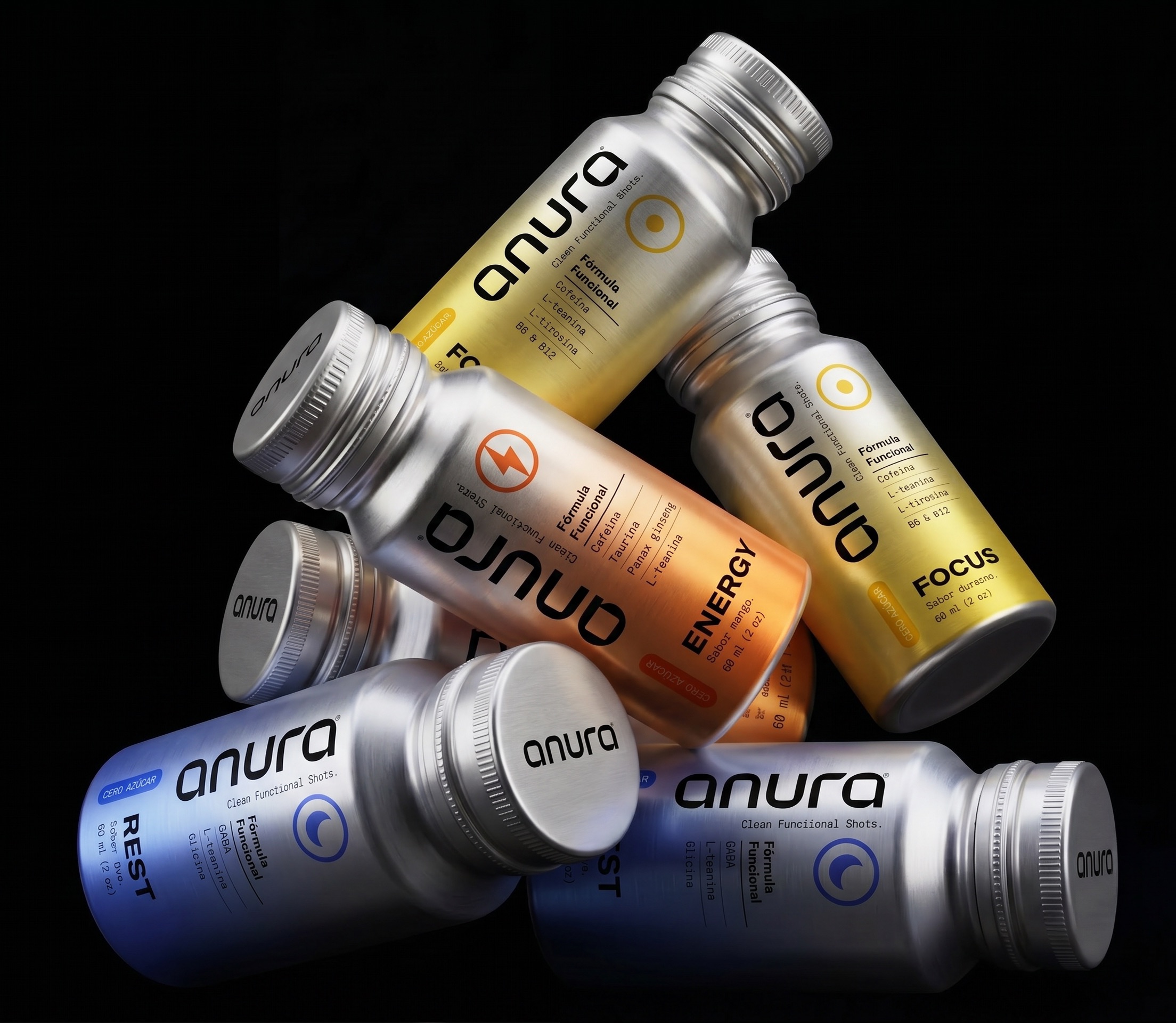 Sistema de producto Anura — render de estudio sobre negro